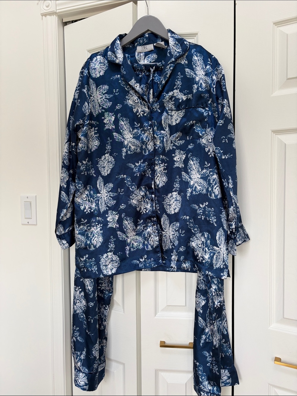 Woven Floral Satin Pajama Set - Navy Blue